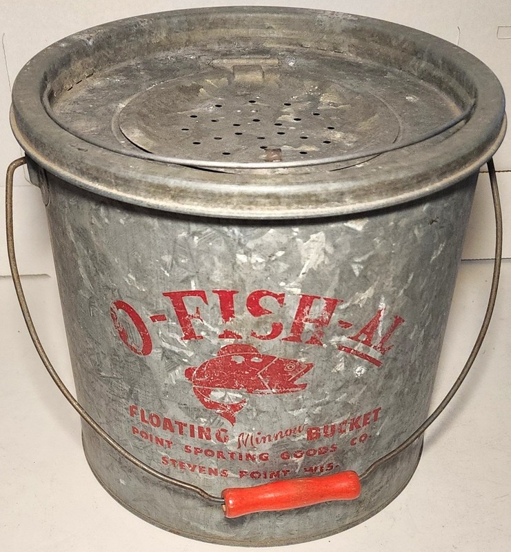 Vintage O-FISH-AL Floating Galvanized Minnow Fishing Bucket Steven’s Point Wi