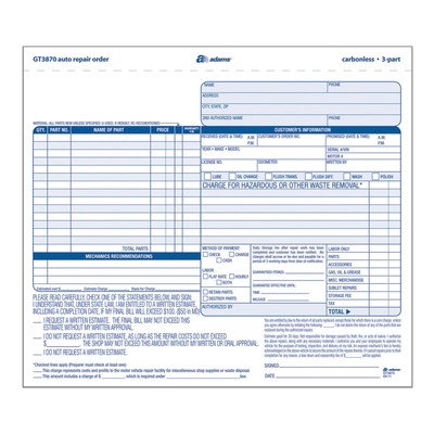 Adams Auto Repair Order Forms, 8.5 x 7.44 Inch, 3-Part, Carbonless 50-Pack White