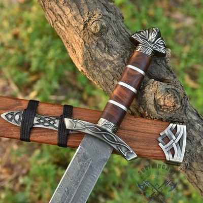 Custom Handmade HAND FORGED Damascus Steel Viking SWORD With Rose Wood Handle