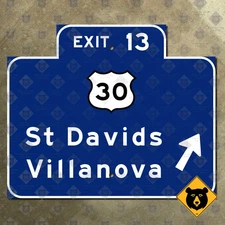 Pennsylvania Villanova St Davids US route 30 exit 13 University road sign 18x15