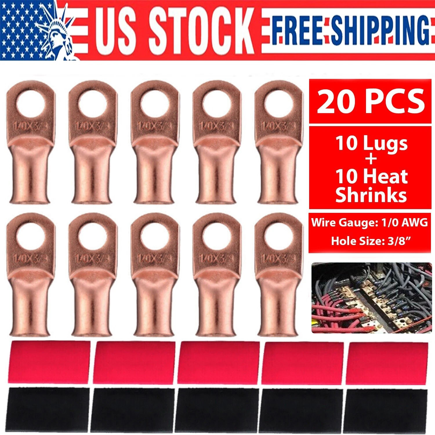 20PCS 1/0 AWG Gauge Copper Lugs W/ BLACK & RED Heat Shrink Ring Terminals Wire