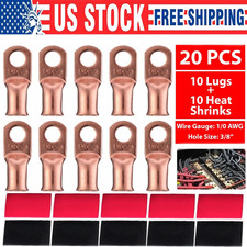 20PCS 1/0 AWG Gauge Copper Lugs W/ BLACK RED Heat Shrink Ring Terminals Wire