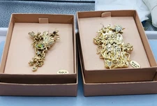 Two VTG. KIRKS FOLLY Gold Tone Brooches "Lady Justice" & Cherubs w.AB Stars