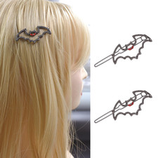 2 Pcs Bat Wing Shape Hair Clips Black Crystal Halloween Devil Barrette with Red
