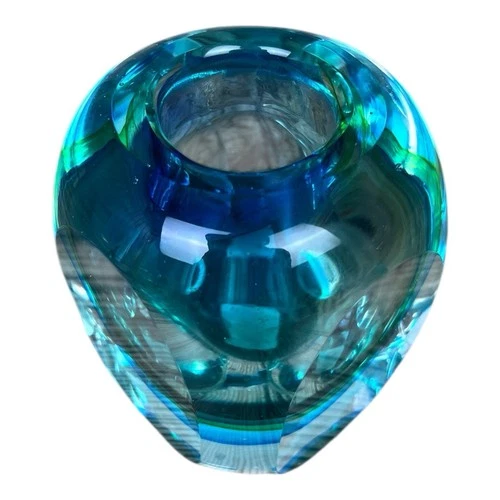 Vtg Flavio Poli Murano Sommerso Art Glass Faceted Block Vase Candle Holder MCM