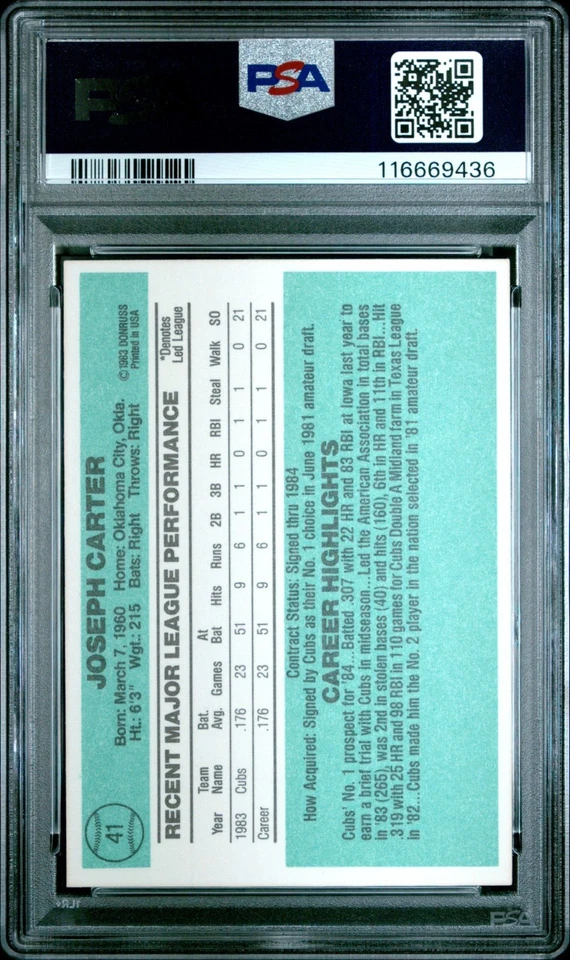 Donruss Baseball Joe Carter Chicago Cubs 1984 RC #41 PSA 9 como nuevo #116669436 Foto 2 de 2