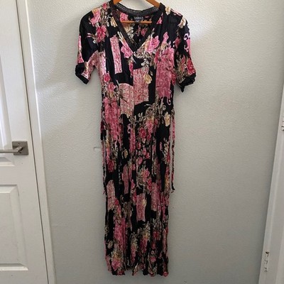 Floral Patchwork Maxi Dress Pink Black Crochet Lace Beaded Rayon XL Vintage