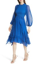 ULLA JOHNSON Blue Smocked Ruffle Tiered Sheer Sleeve Silk Cocktail Midi Dress 4