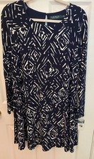 Lauren Ralph Lauren Swing Dress Navy Blue White Jersey Long Sleeve Sz 14 NWT