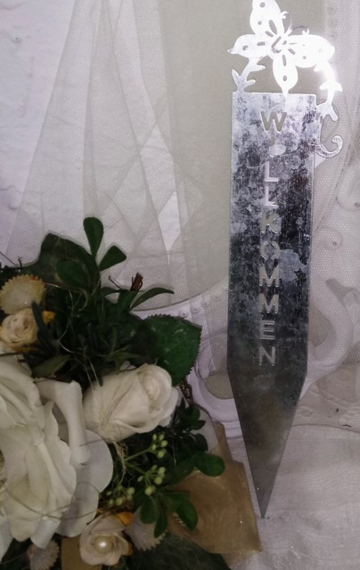 Edelrost Willkommen Blumenstecker Garten Rost Metall braun 40cm Landhaus