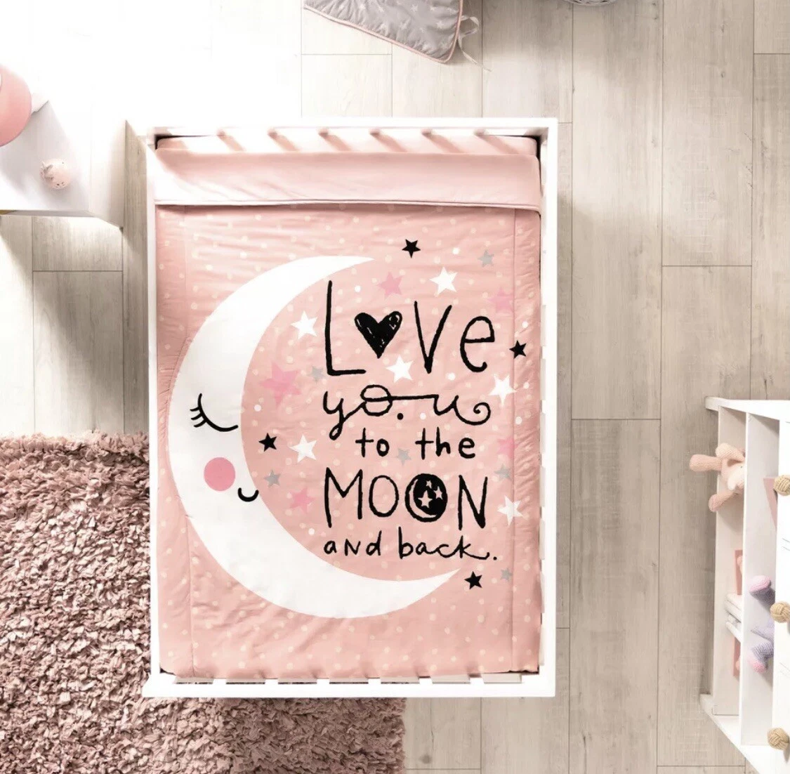 BABY GIRL PINK SLEEPING MOON COTTON NURSERY CRIB BEDDING SET 4 - PIECE