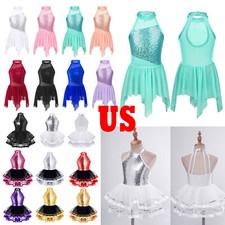 Girls Sequins Mock Neck Ballet Tutu Dress Gymnastic Leotard Figure Ice Skating