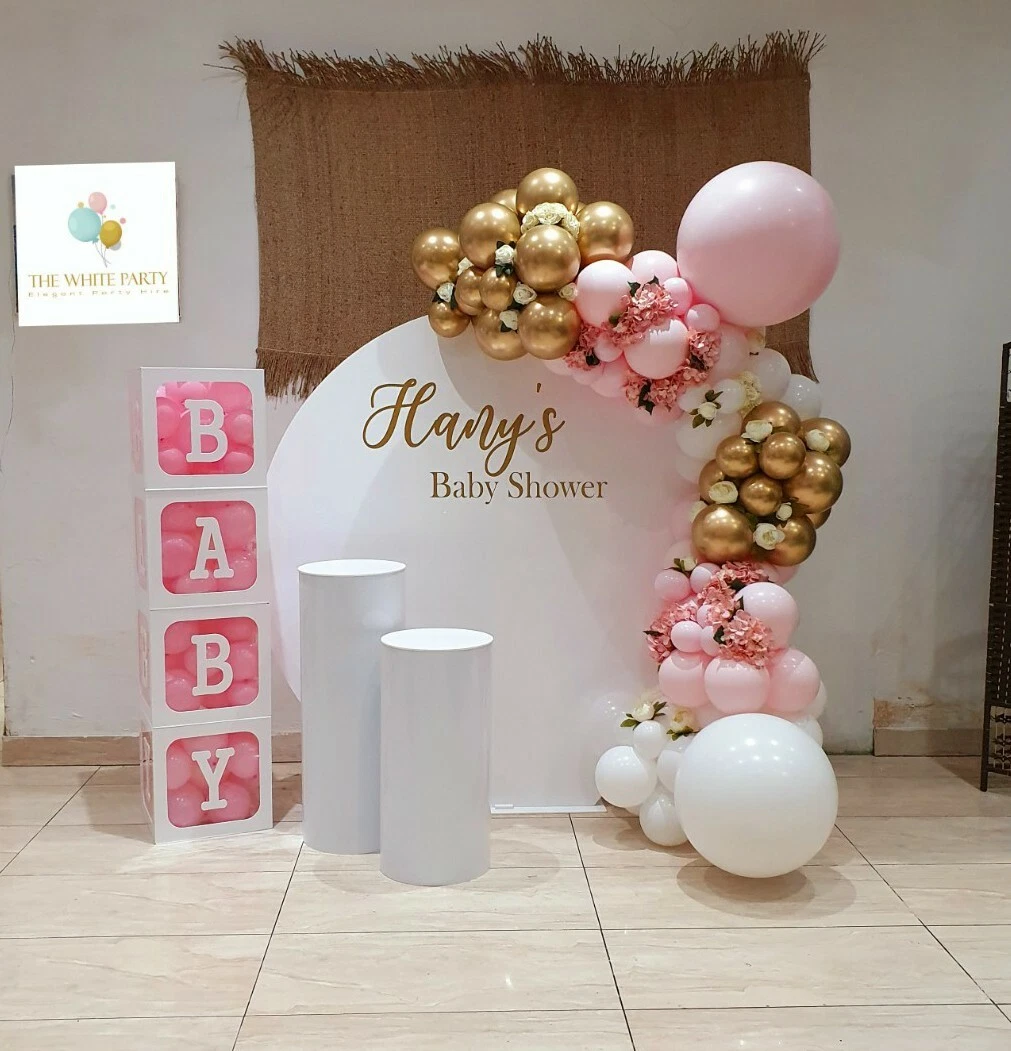 Personalised Acrylic Backdrop, Balloon Garland, Plinths & Baby Blocks Event  Hire