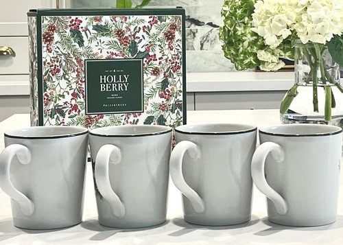 Pottery Barn Holly Berry Christmas Mugs Pinecones Holiday Stoneware Set of 4 NIB - Picture 5 of 16