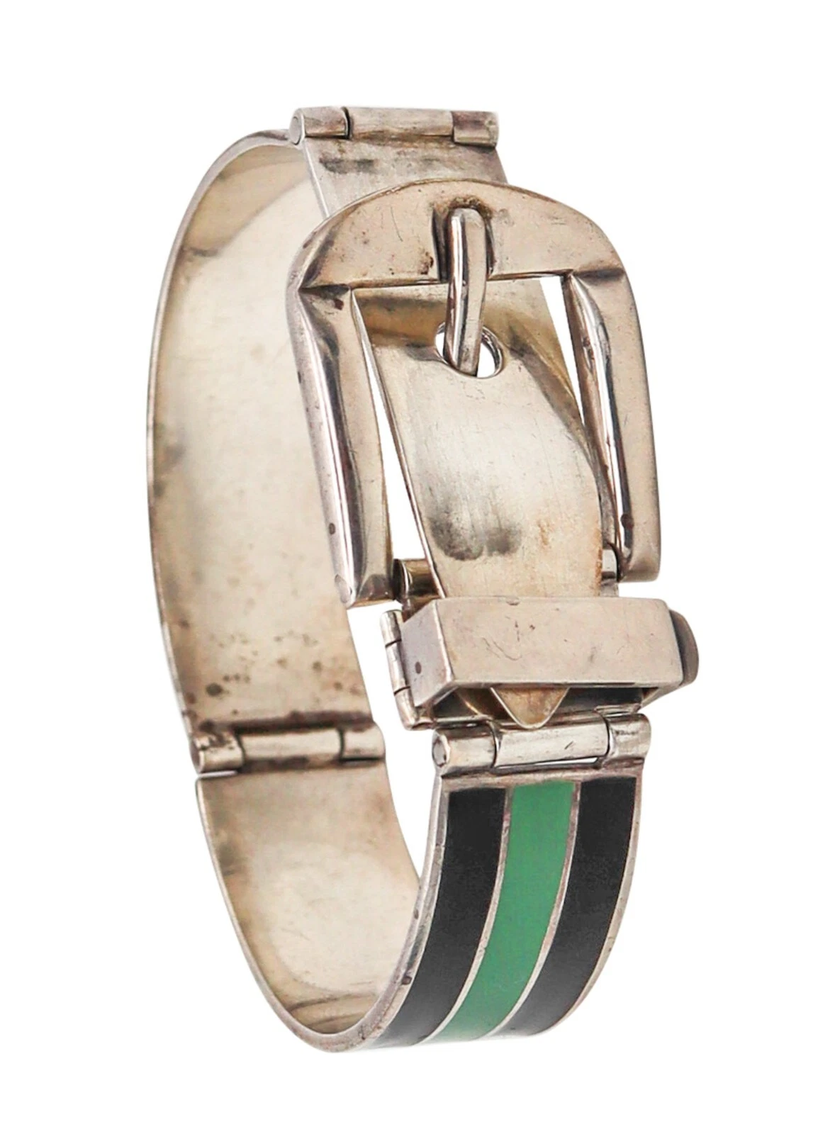 Bracelet boucle Gucci 1970 en argent sterling 0,925 avec émail vert et noir