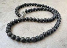Natural Black Lava Rock Smooth Round Gemstone Beaded Necklaces 24'' Men & Women