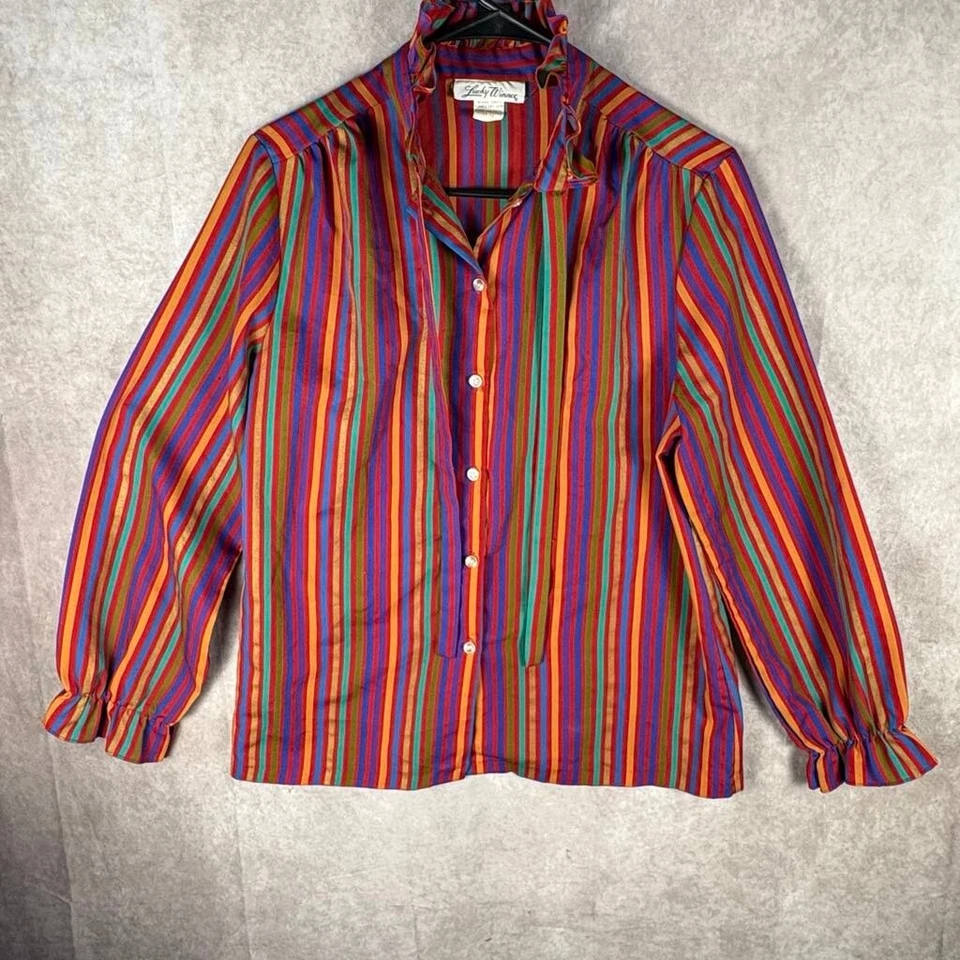 Blusa Lucky Winner Vintage Arco Iris Rayas Cuello Atado - Talla 14 Foto 2 de 4