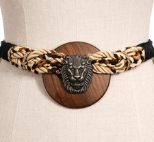 Vintage 80's statement belt lion head jungle braided stretchy one size