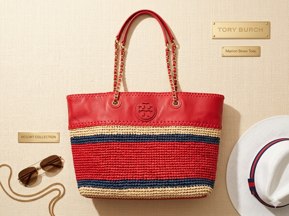 Tory Burch Marion Straw & Leather Striped Tote Bag - Red/Navy/Tan