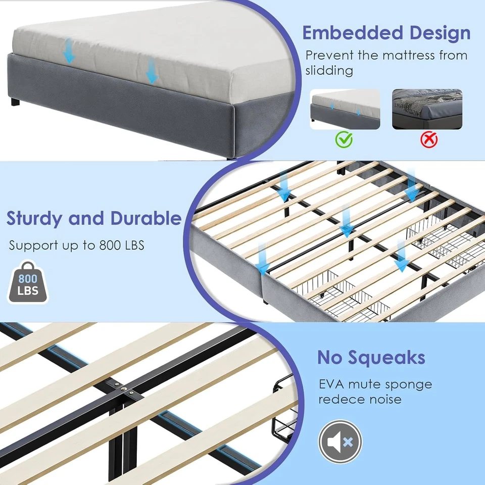 Каркас кровати Queen Size бархатная обивка платформа с 2 ящиками для хранения и изголовьем ~ - Изображение 4 из 4