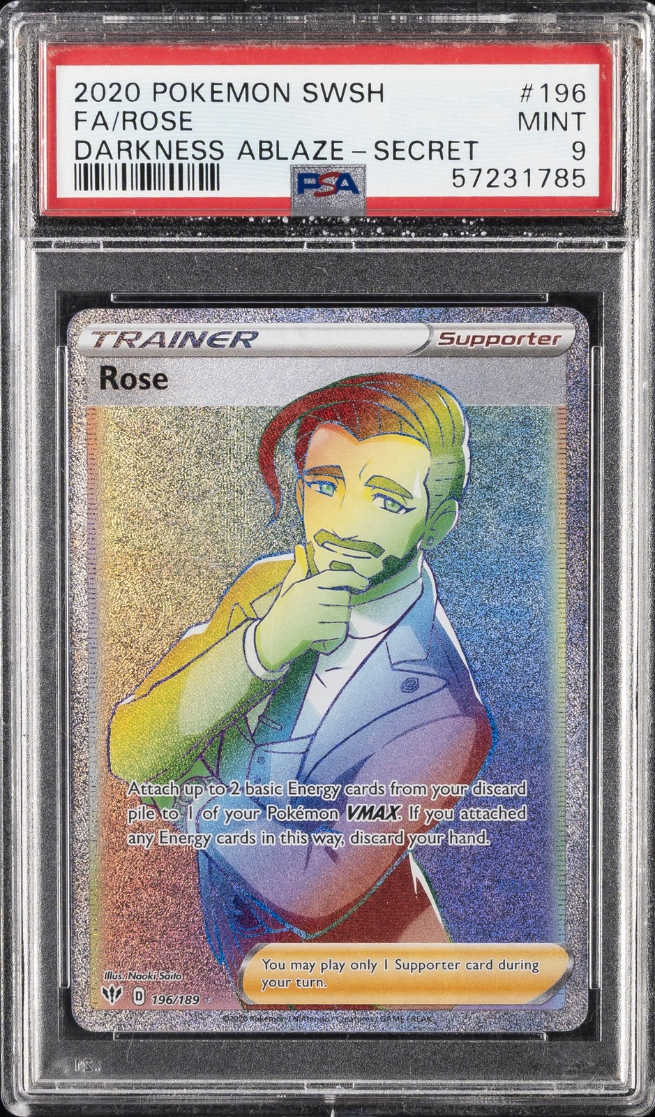 2020 POKEMON SWORD & SHIELD DARKNESS ABLAZE SECRET #196 FULL ART/ROSE PSA 9