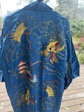Vintage Hand-Embroidered Silk Dragon Robe - Blue Asian Komino, Mid-Century Lined