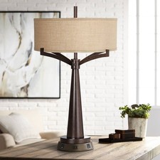 Rustic Farmhouse Table Lamp with USB Outlet Workstation Base Bronze Living Room