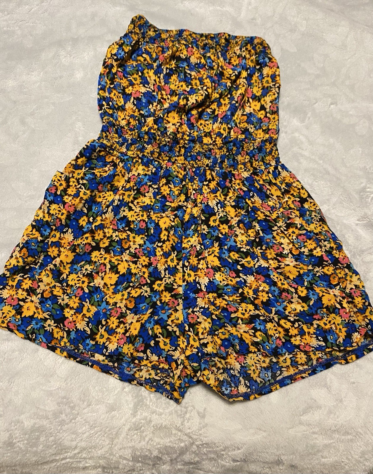 Floral Strapless Romper Jumpsuit Smocked Waist Blue Yellow Vibrant Summer