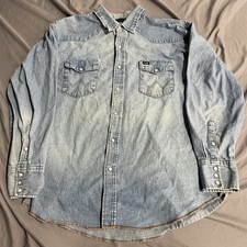 Vintage Wrangler Blue Jean Denim Shirt Size XL READ Western Cowboy Pearl Snap