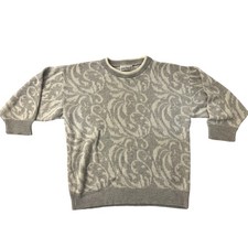 Vintage Garland Grey Cream Abstract Swirl Jacquard Knit Sweater USA Made Med