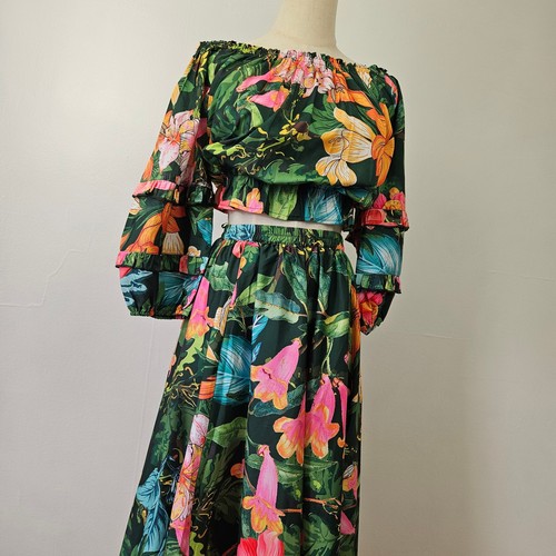 NEW Rachel Zoe Maxi Skirt Top Tropical Outfit M Green Off Shoulder Set NWT - Picture 2 of 11