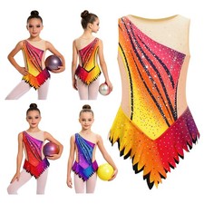 Kids Girls Leotard Rhinestone Bodysuit Dance Unitard Gymnastics Glitter Decor