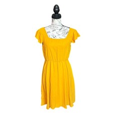 SHEIN Mustard Yellow Flutter Sleeve Square Neck Elastic Waist A-Line Dress Sz M