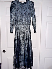 Beautiful Rare Vintage 80's Jessica McClintock Blue Maxi w Black Overlay Lace 8