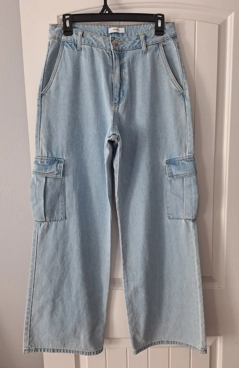 Pantalones de mezclilla cargo holgados de pierna ancha Forever 21 ligeros para mujer 27/30