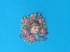 Oblate Glanzbild Scrap Die Cut Chromo MÄDCHENPORTRAIT BLÜTENKRANZ um 1900