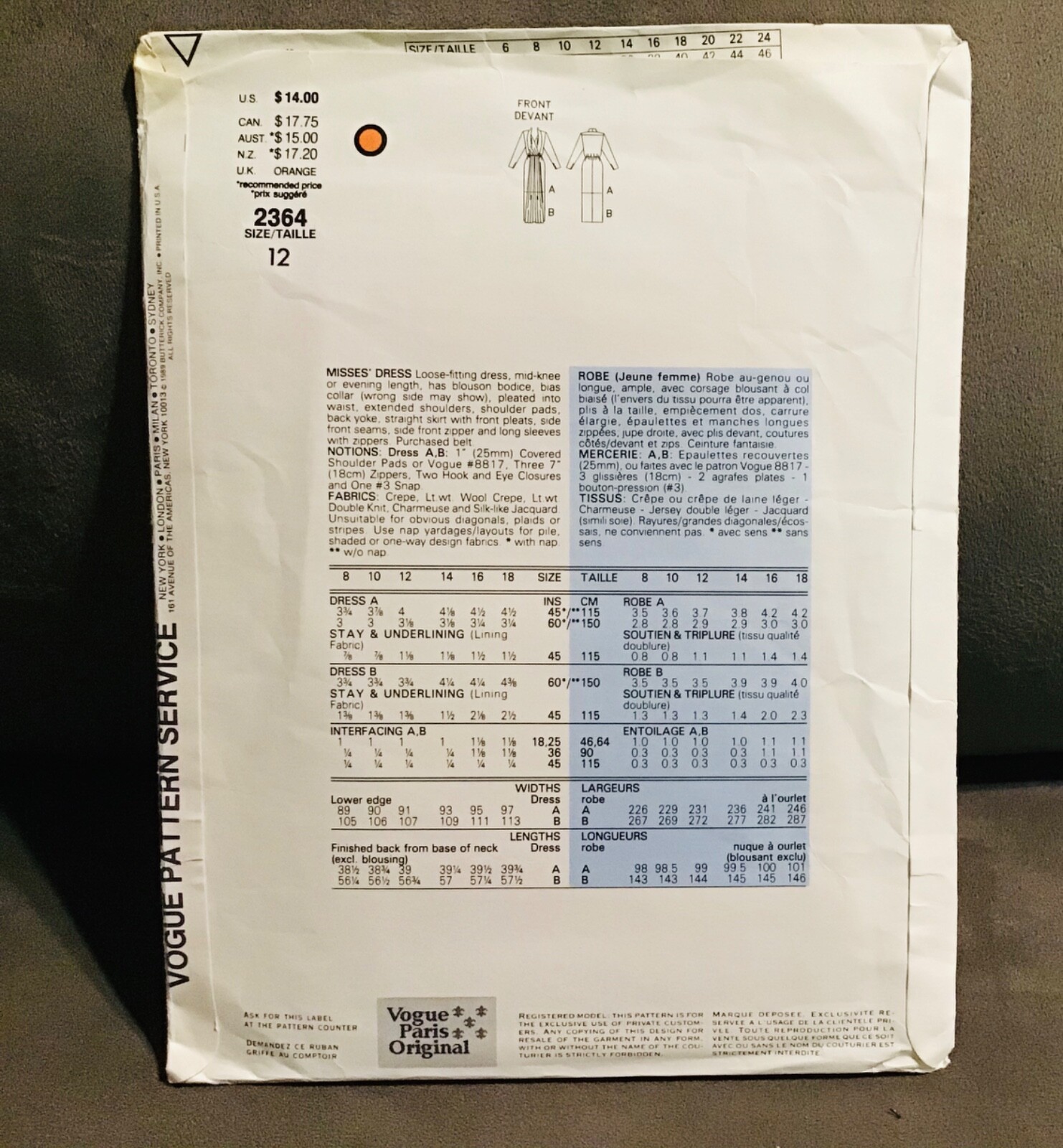 VOGUE 2364 YVES SAINT LAURENT ABITO O MODELLO ABITO DA SERA TAGLIA 12