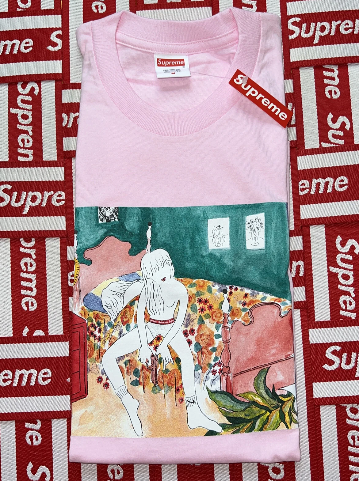T shirt Supreme Bedroom !!! Taille Med!!!!!!Rose!!FW18!!!!!!NEUF AVEC ÉTIQUETTE!!100%Authentique!!!