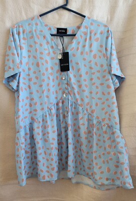 NWT Heyson Short Sleeve Baby Doll Shirt Size L Light Blue w/Pink&Tan Dots