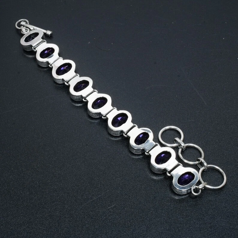 Pulsera de plata amatista 925 pulsera de plata de ley hecha a mano pulsera de piedras preciosas Foto 2 de 4