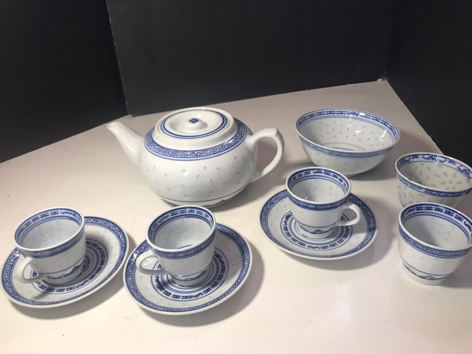 Vintage Chinese  Rice Pattern Blue and White Porcelain Tea Set