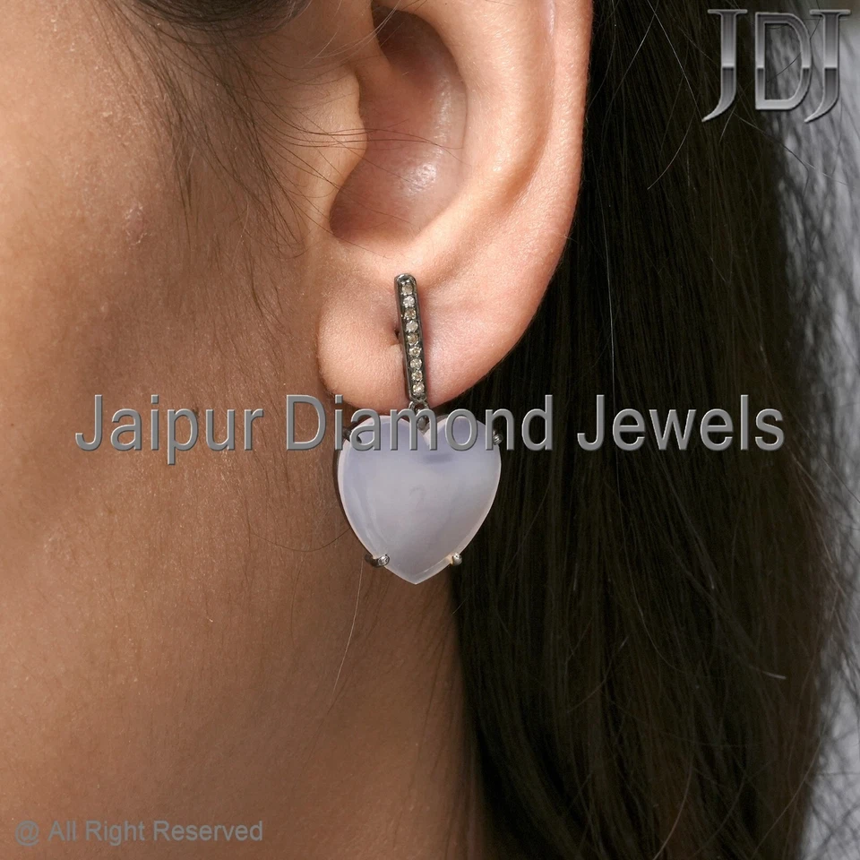 Natural Pave Diamond 925 Silver Rose Quartz Gemstone Heart Shape Earring Jewelry - Image 2 of 4