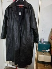 Womens Black Leather Marc Mattis Trench Coat Size 1x Cuffed Seaming Accents