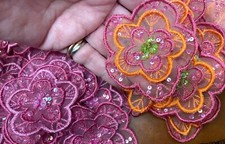 applique embroidered scallop flower 3" layered glass bead hand sewn 1pc pin back