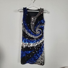 Xinpanrong Womens Sleeveless Sequin Swirl Shift Mini Dress Black/Blue Scoop Neck