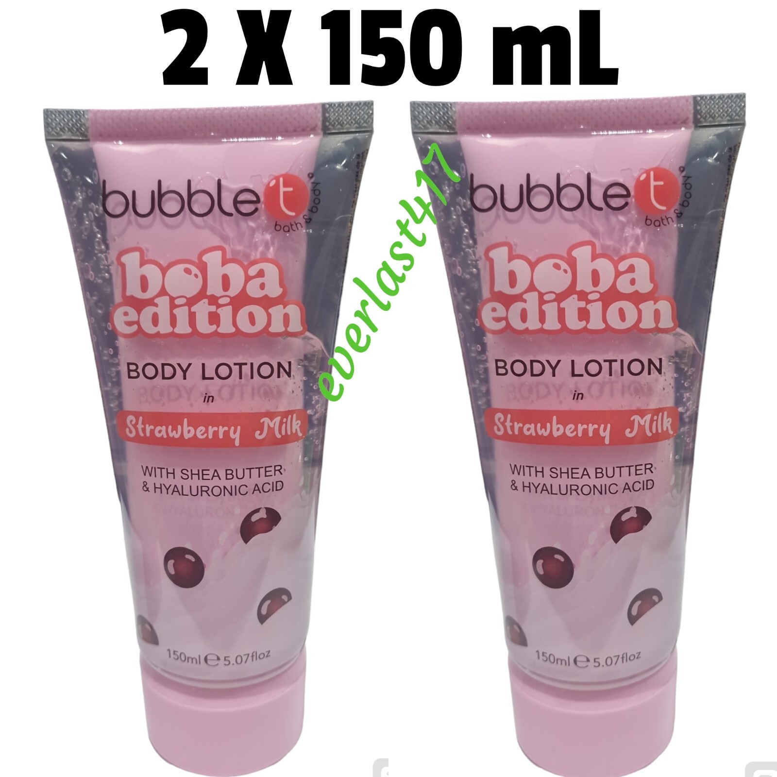 Bubble Boba Strawberry Milk Body Lotion with Shea Butter & Hyaluronic Acid, 2x15