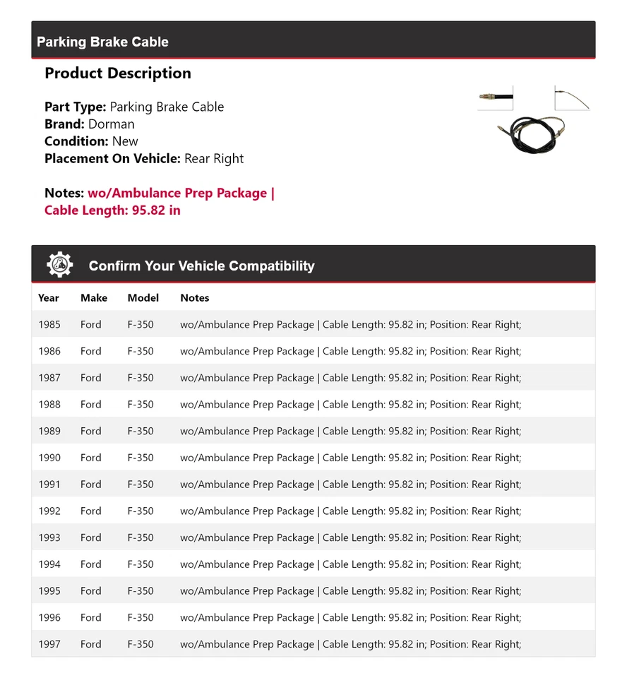 Cable de freno de estacionamiento trasero derecho para Ford F-350 Dorman 1985-1997 1986 1987 1988 Foto 2 de 4