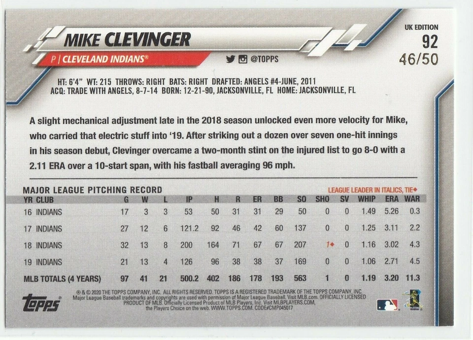 2020 Topps UK Edition Purple #92 Mike Clevinger 46/50 Cleveland Indians - Image 2 of 2