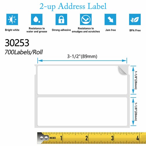 20Rolls 14000 2-up Address Labels 1-1/8" x 3-1/2" for Dymo 30253 LabelWriter 450 - Picture 5 of 19