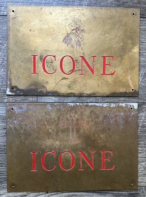 2 Antique Brass Incised ICONE Icon Building Signs Rooster and Cross